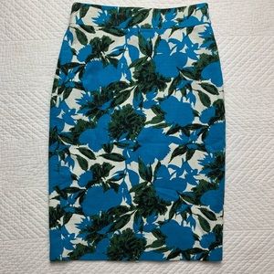 J. Crew Blue Green Palm Pattern Pencil Skirt 00 XS